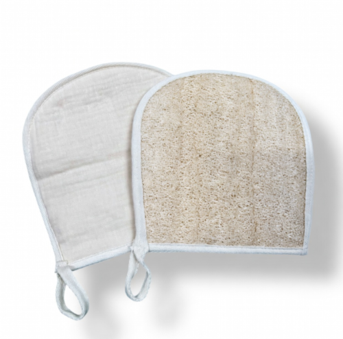Wholesale natural loofah bath mitt in single and double-sided variations for bulk export.