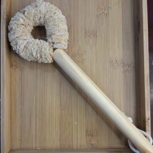 Wholesale multi-purpose loofah scrub brush with 8-inch wooden handle for heavy-duty cleaning.
